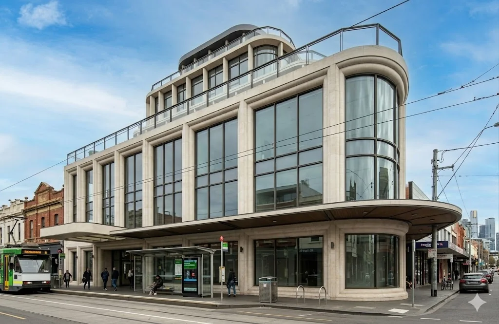 Eight-storey commercial building on a prominent corner site.